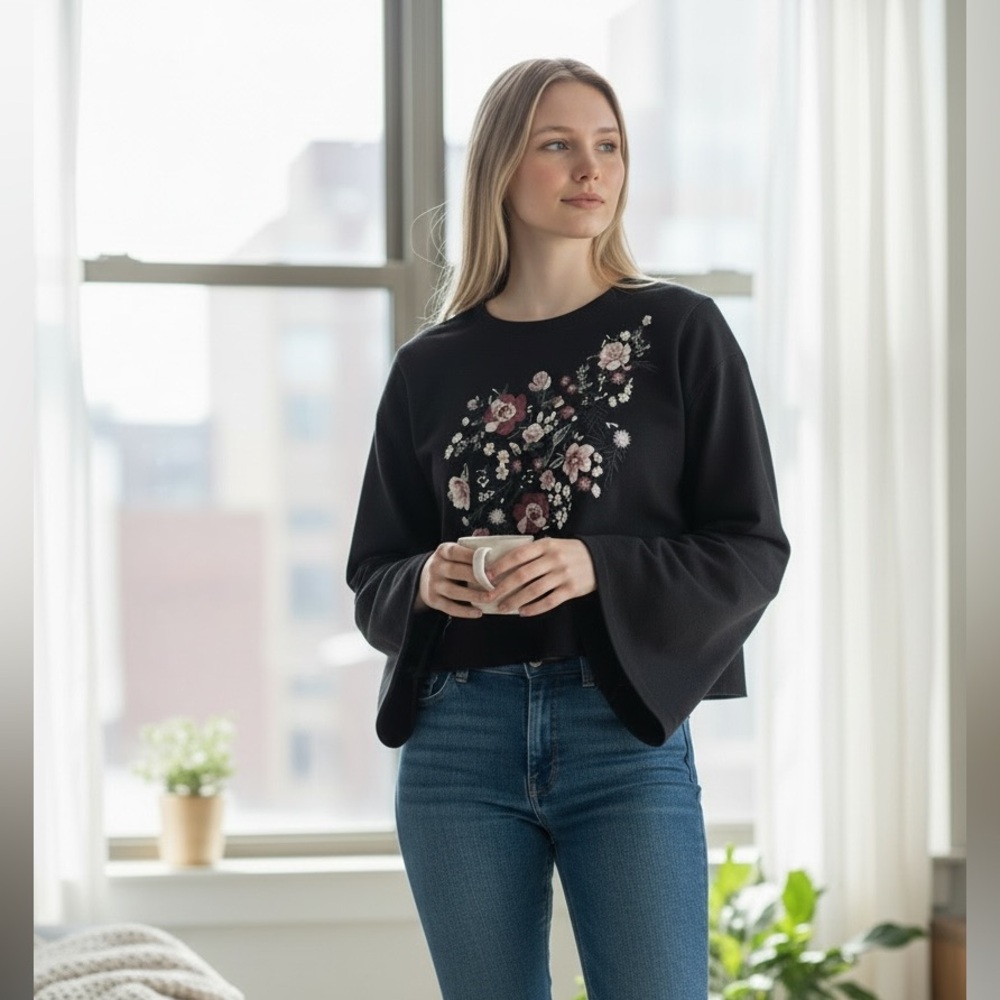 Chelsea & Violet Black Pink Floral Embellished Cropped L Sweater Boho Casual Y2K